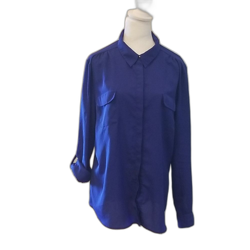 Attention Royal Blue Button Down Blouse Roll Tab Sleeves Women’s Size XL